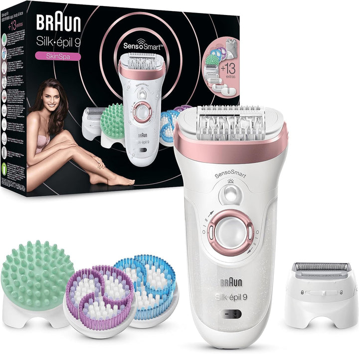 Silk-Épil 9, Epilator with Pivoting Head for Easy Hair Removal, Wet & Dry, Lasting Smooth Skin, with Lady Shaver Head & Trimmer Comb, 9-441, White/Silver with EU Plug