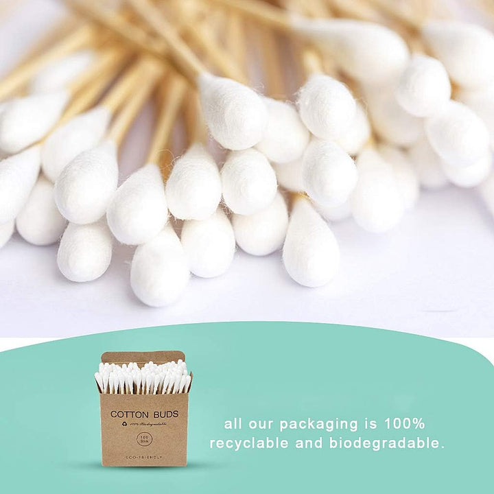 Bamboo Cotton Buds, 200 PCS (2 X 100) Eco-Friendly Cotton Ear Buds Swabs with Bamboo Handle - Recyclable and Biodegradable Cotton Swabs for Cleaning Ear Makeup Wound