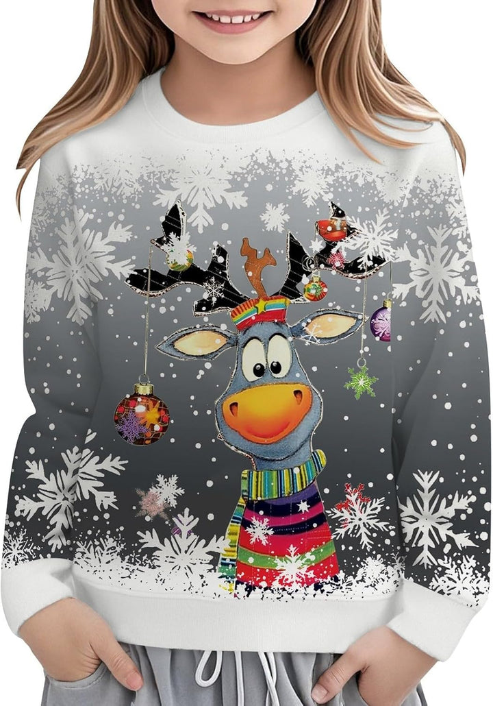 Festive Reindeer Print Girls Long Sleeve Crewneck Sweatshirt for Holiday Cozy Casual Pullover Top Kids