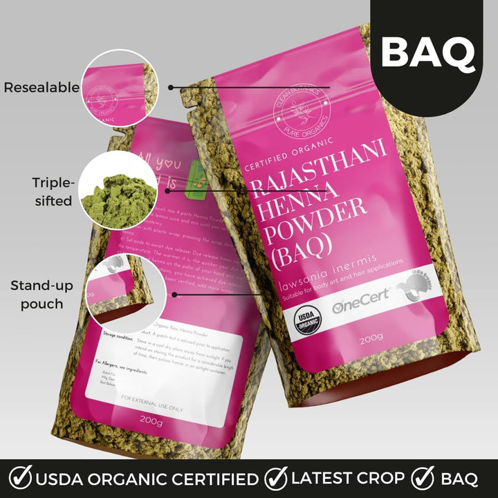 200G Organic Certified Rajasthani Henna Powder 100% Pure Mendhi Natural Hair Colour Dye Triple Sifted BAQ