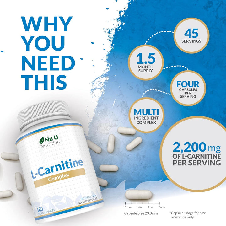 L-Carnitine Tartrate Complex 2200Mg - 180 Vegan Capsules - with Chromium, Riboflavin, Biotin, Vitamin D, B3 & B6 - High Strength L Carnitine Supplement - Made in the UK -