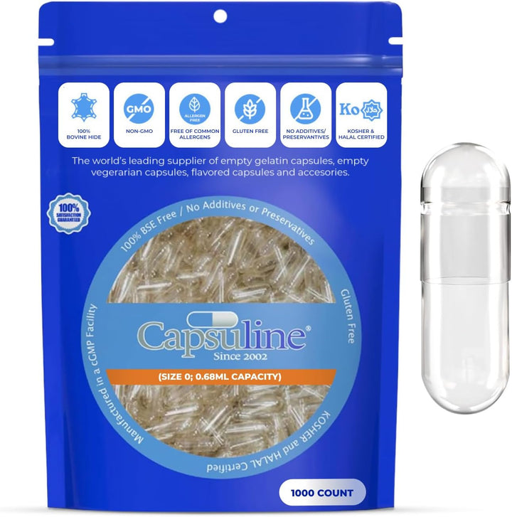 Clear Size 0 Gelatin Empty Capsules (1000 Count), Kosher Certified, Gluten-Free, Pure Bovine with Unique Lock Technology