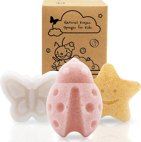 Konjac Baby Sponge for Bathing, Cute Shapes Natural Kids Bath Sponges for Infants, Toddler Bath Time, Natural and Safe Plant-Based Konjac Baby Bath Toys, 3Pc. Set: Butterfly, Ladybug, Star