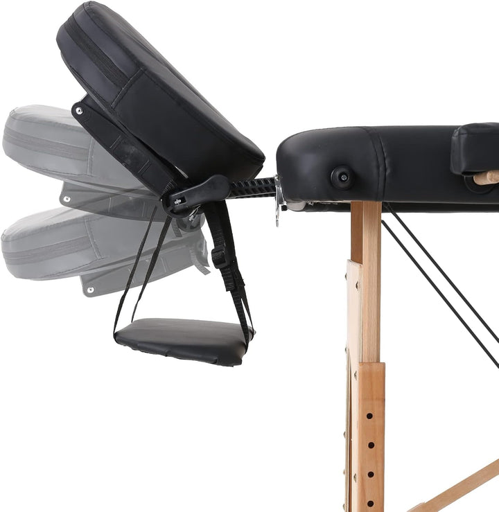 2 Sections Portable Massage Bed Wooden Legs Adjustable Height Folding Tattoo Table (Black)