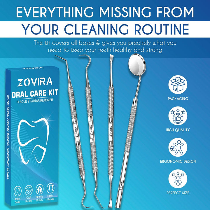Plaque Remover for Teeth 4Pc Tooth Cleaning Kit with Tartar and Calculus Removal Dental Care Set Stainless Steel Dentist Tools for Personal and Home Use