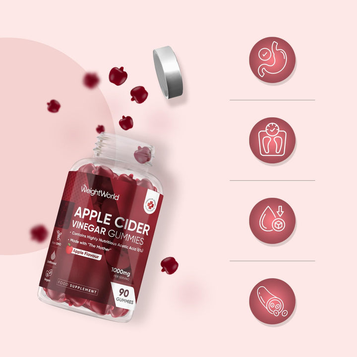 Apple Cider Vinegar Gummies 1000Mg - 90 Gummies - with Natural Apple Flavour - 45 Days Supply - Apple Cider Vinegar with Mother - Vitamin C, B12, B6, B9 & Beetroot Powder - Unfiltered & Vegan-Friendly