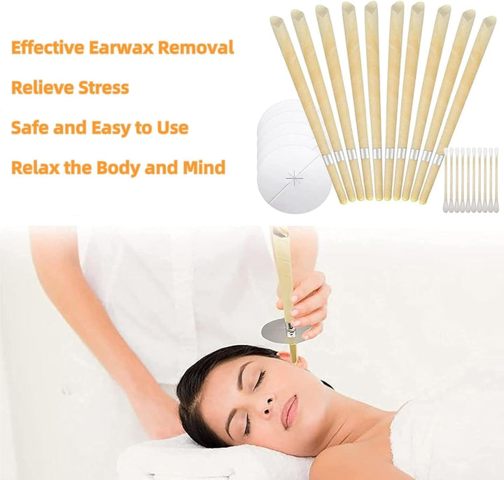 10PCS Ear Candles, Natural Beeswax Ear Candles for Ear Cleaning, Ear Candles Kit with 5 Protective Discs and 10 PCS Cotton Swabs
