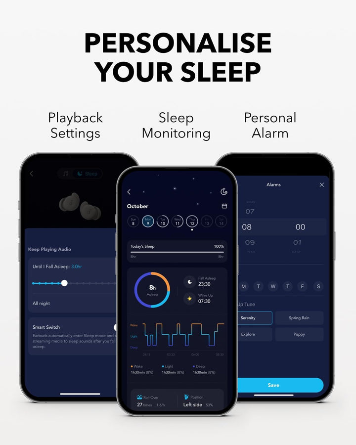 Sleep A20 by  Sleep Earbuds, Noise Blocking Sleep Headphones, Small Design for Side Sleepers, 80H Playtime, Stream Content via Bluetooth 5.3, Personal Alarm