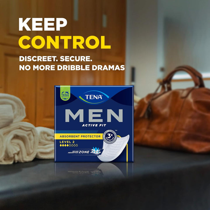 Men Absorbent Protector Incontinence Pads, Level 2, 60 Incontinence Pads (10 X 6 Packs) for Men of All Ages, Cup-Shaped for Medium Bladder Weakness, Urine Leakage and Drips