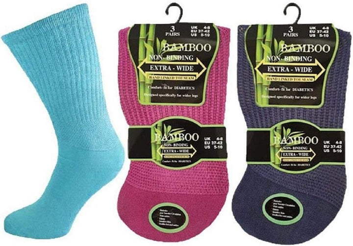 Ladies Bamboo Diabetic EXTRA WIDE Non-Binding Socks with Hand Linked Toe Seam -Lightweight Women’S Non-Elastic Socks Diabetic Crew Sock Women Everyday Use UK Size 4/8 (Assorted, Pack of 3)