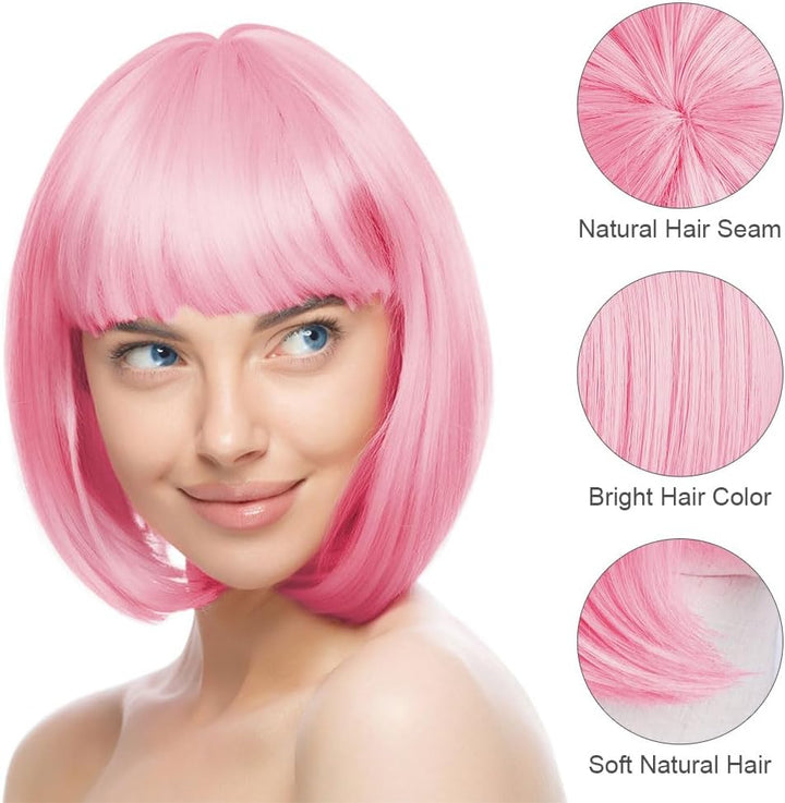 Pink/B Short Bob Wig for Women, 3 PCS, Synthetic Straight Wig, Heat Resistant, Modern Style, Perfect for Cosplay, Parties & Everyday Use