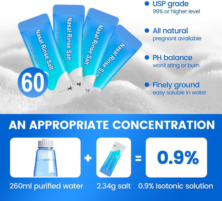 Sinus Rinse Kit, Neti Pot 260 Ml, with 60 Packets Nasal Wash Salt, Nasal Wash Nose Rinsing Cleanse Bottle for Adults, Children, and with Allergic Rhinitis(Blue)