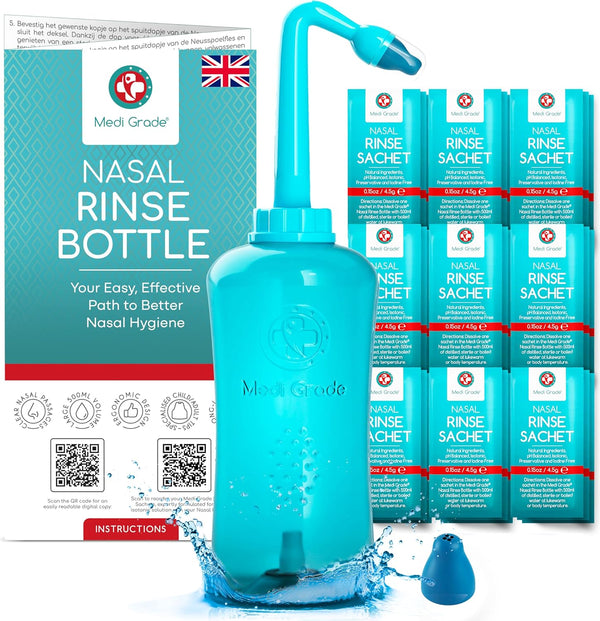 Nasal Irrigation Kit - 500Ml Nasal Rinse Bottle, 30X 4.5G Premixed Saline Nasal Rinse Salt Sachets - Deluxe Free-Flow Bottle Nose Cleaner for Improved Breathing and Nasal Hygiene