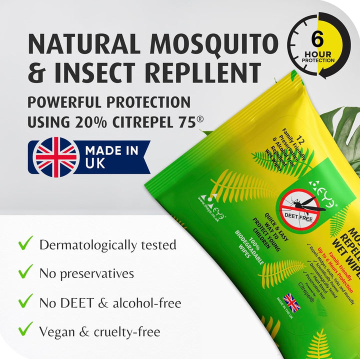 Mosquito Repellent Wipes - 100% Natural & Plant Based, Free of Deet, Alcohol & Harmful Chemicals - up to 6 Hours Insect Repellent Protection - for Sensitive Skin