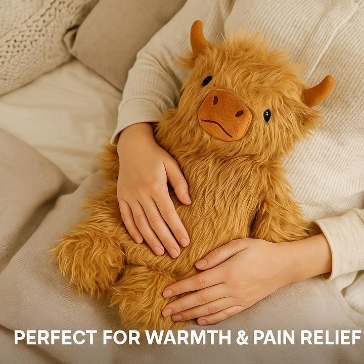 Highland Cow Hot Water Bottle 750Ml 3D Animal Face Plush Cover Soft Cosy Furry Design Natural Rubber Bottle Heat Therapy Neck Back Pain Relief Bedtime Relax Gift Idea for Adults & Kids
