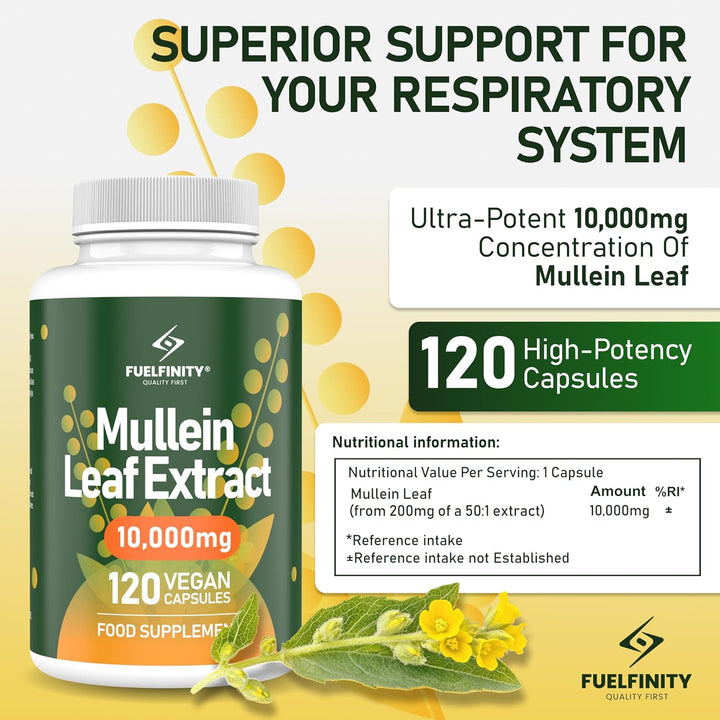 Mullein Leaf Extract for Lungs - 10,000 Mg – Lung Cleanse & Lung Detox for Smokers – 120 Capsules - High Strength Respiratory Support - ® - Vegan