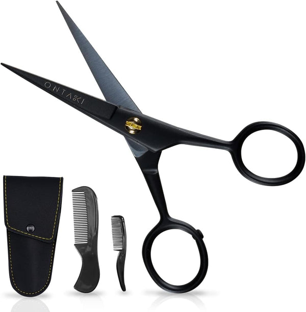 5" Beard Moustache Scissors Professional German Steel 2 Comb Carrying Pouch Mustache Trimming - Hand Forged Bevel Edge Precision Men Facial Hair Grooming Kit All Body Hair Black
