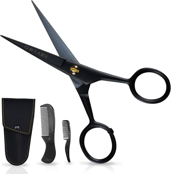 5" Beard Moustache Scissors Professional German Steel 2 Comb Carrying Pouch Mustache Trimming - Hand Forged Bevel Edge Precision Men Facial Hair Grooming Kit All Body Hair Black