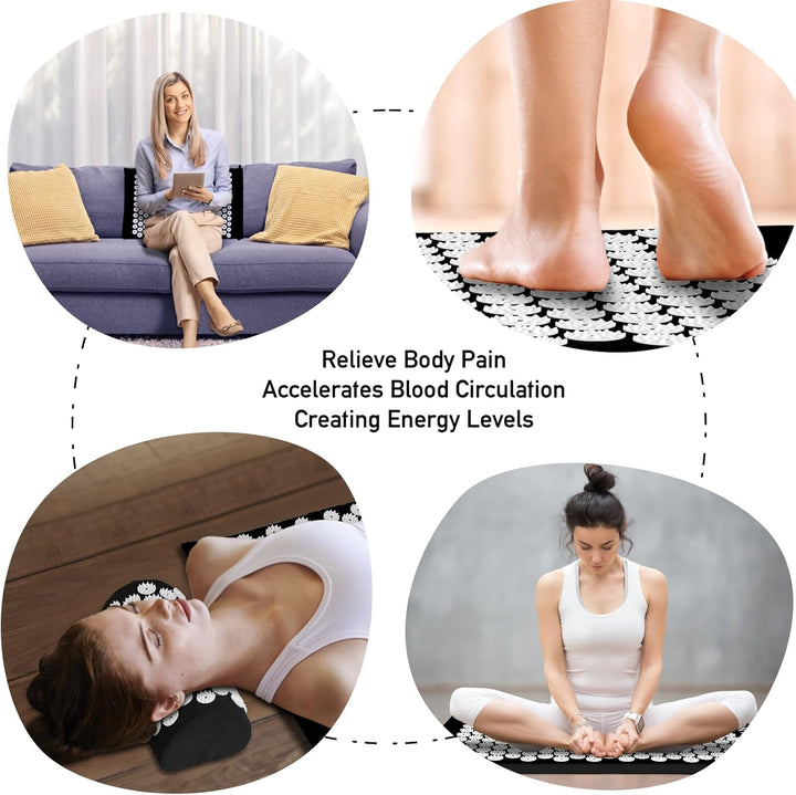 Acupressure Mat, Acupuncture Mat, Massage Mat and Pillow Set, Relieving Neck and Back Pain, Muscle Relaxation and Stress Reduction, Sciatica Relief, Suitable for Men and Women, Carry a Handbag, Black