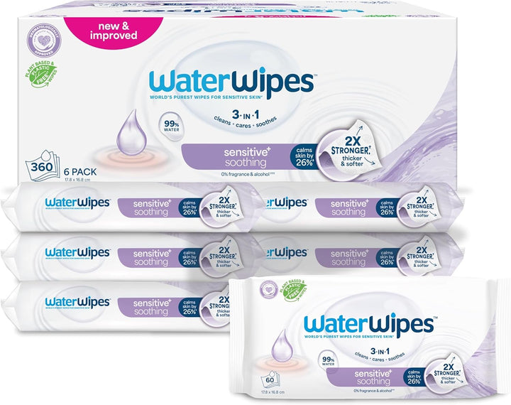Sensitive+ Soothing Wipes, 360 Count (6 Packs), 3-In-1 Cleans, Cares, Soothes, 99% Water with Botanical Extract, Unscented Baby Wipes