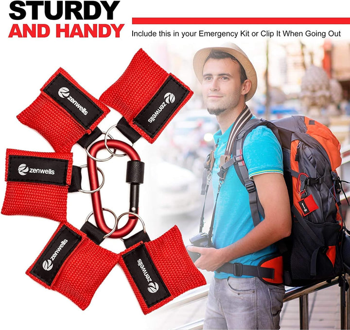 5 Pcs CPR Mask Keychain Ring, Emergency Kit Face Shield for First Aid or AED Training（Red）