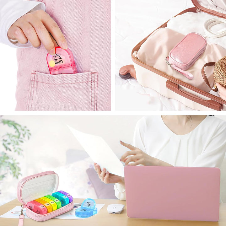 Pink PU Leather Bag Pill Boxes 7 Day 2 Times a Day, Large AM/PM Pill Box Organiser with Portable Zipper Leather Bag for Holding Supplements, Vitamins and Fish Oils