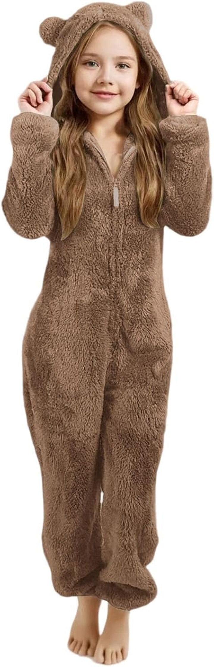 Girls Fleece Hooded Romper Jumpsuit with Ears Soft Warm Winter Pajamas Play Costume for Toddler Kids