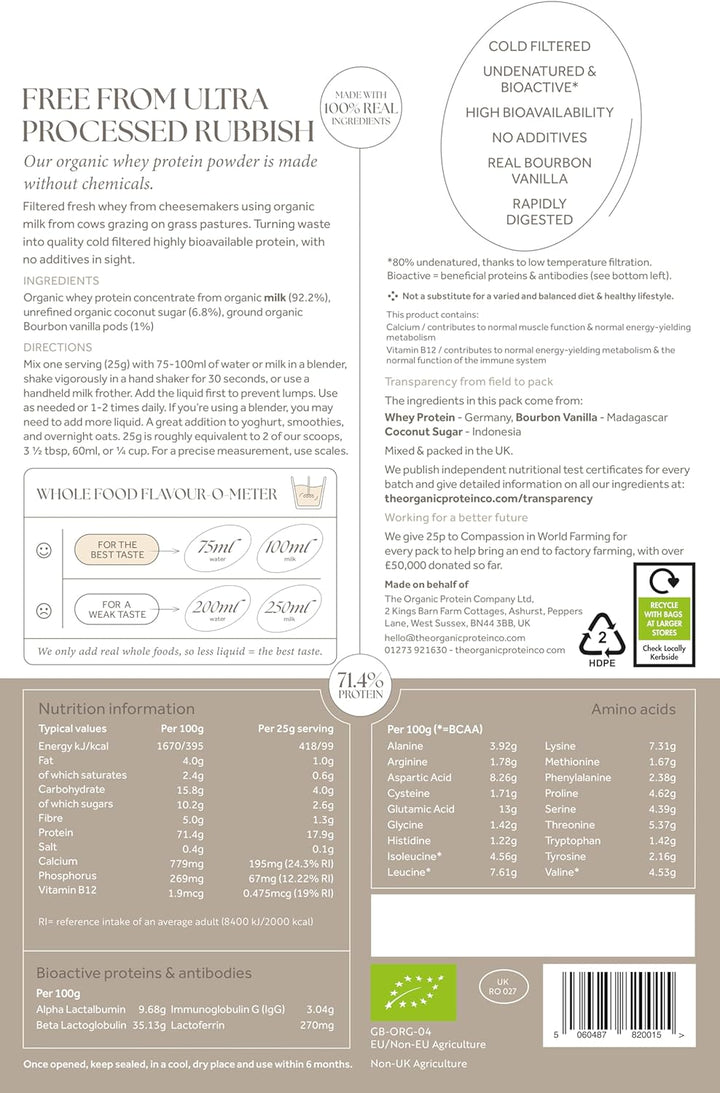 The Organic Protein Co. – Madagascan Vanilla Organic Whey Protein Powder | No Additives, Undenatured, Bioactive, UPF Free, No Emulsifiers, Primarily Grass Fed, Vegetarian, Gluten Free – 400G