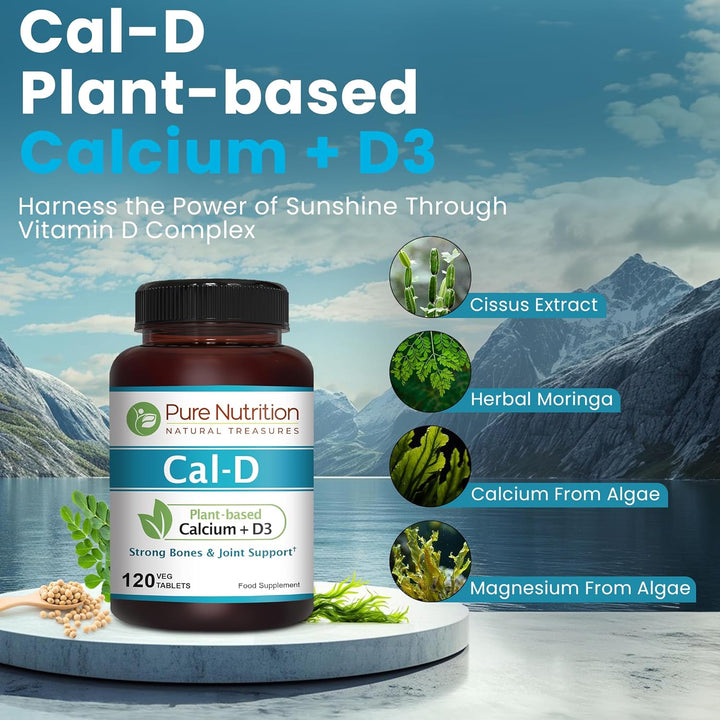Pure Nutrition Cal D - Plant Based Calcium with VIT D3 K2 & Magnesium | 120 Tabs | 500Mg Vegan Calcium per Serving | Supplement for Bone Health