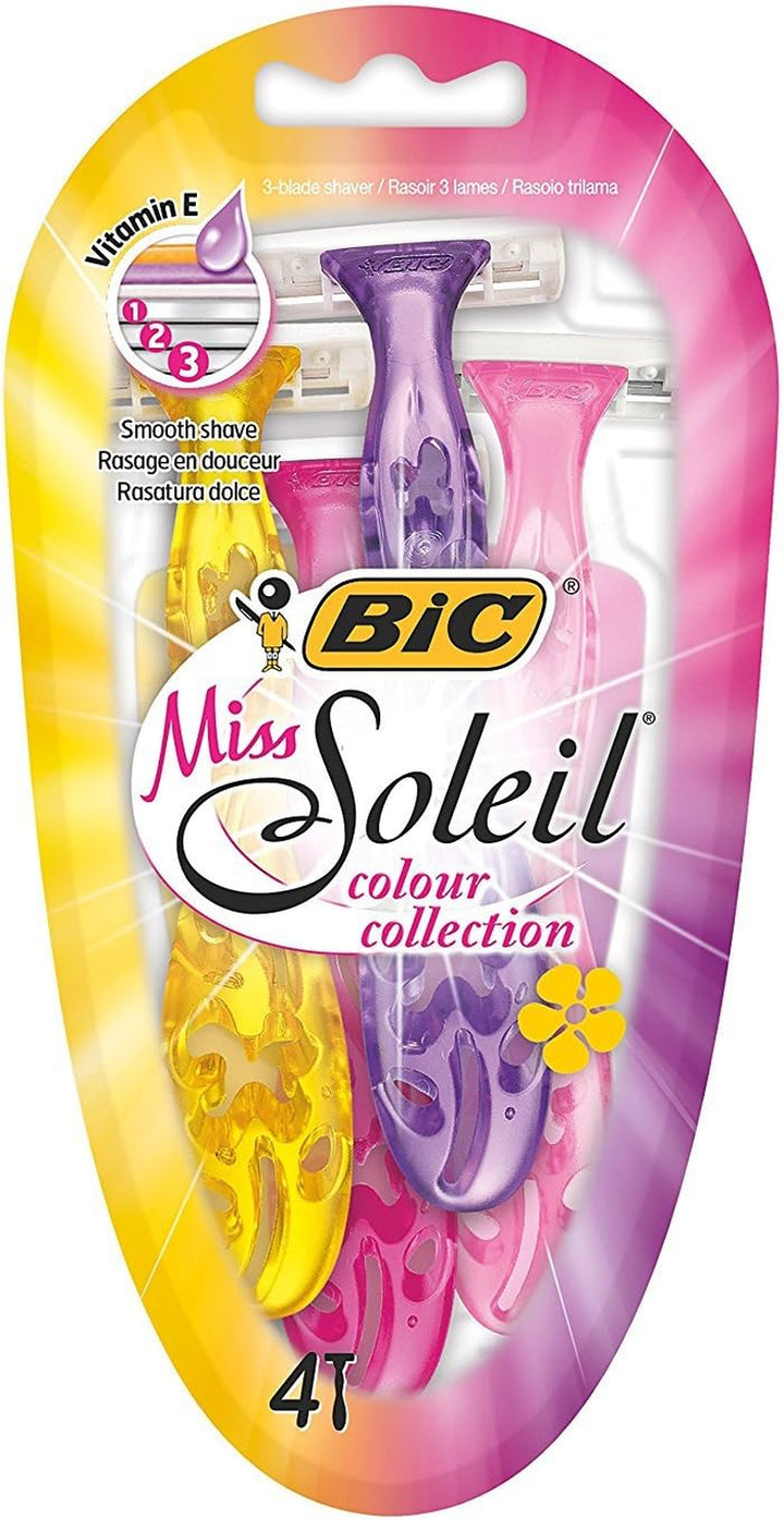 Miss Soleil Colour Collection Lady Razors, Triple-Blade Razors, Vitamin E Enriched Lubricating Strip - Pack of 4