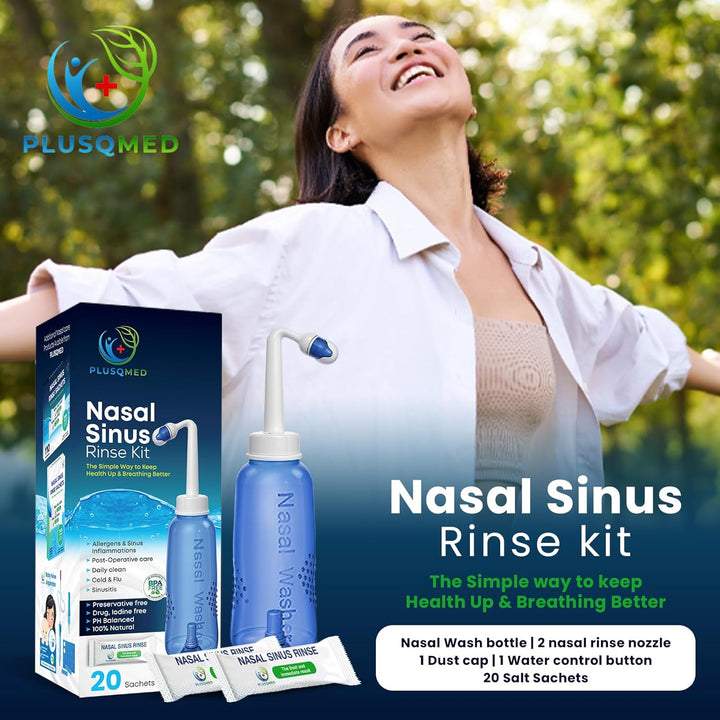 Nasal Rinse Kit – 300Ml Bottle + 20 Saline Packets – Neti Pot for Sinus Relief & Nasal Hygiene – PH Balanced, Drug-Free, Preservative-Free – Suitable for Adults & Children 5+