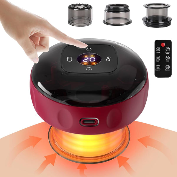5 in 1 Electric Cupping Set Gua Sha Cupping Set with Remote 12 Adjustable Temperatures Vacuum Cupping Massager with Red Light for Body Reduce Muscle Pain with 3 Cups (Red)