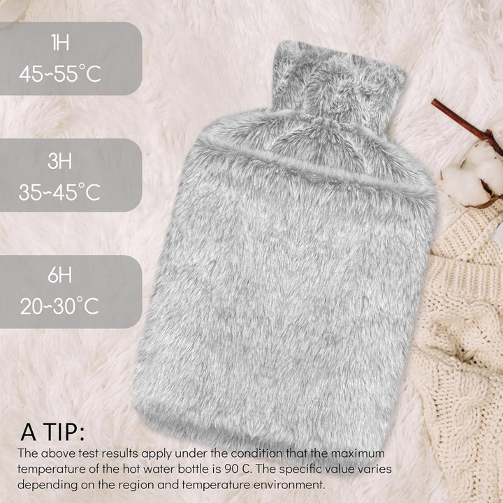 Hot Water Bottle with Luxury Cosy Faux Fur Cover UK, 2L Leakproof Hot Water Bag for Neck, Shoulder Pain and Hand Feet Warmer (Grey)