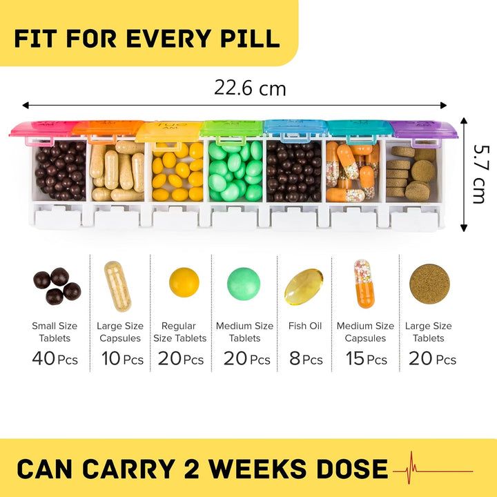 Portable Weekly Pill Box Organiser | Easy to Open 7 Day Premium Quality Tablet Box | Travel Pill Case with Push Button Pop Open Lids Design |Tablet Organiser for Vitamins, Supplements & Medicine