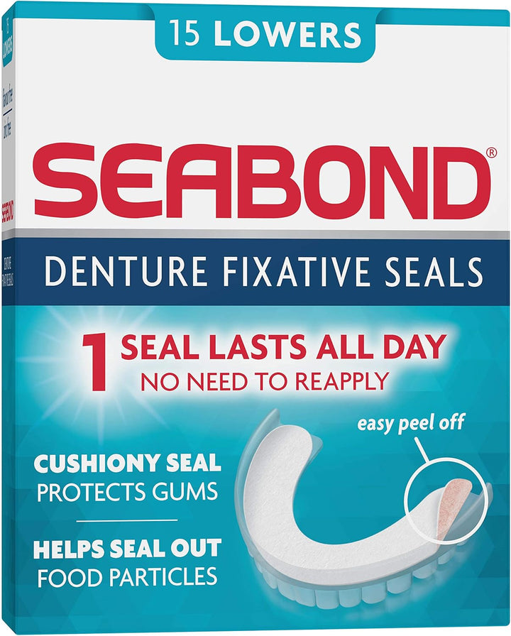 Denture Fixative Seals, Soft Adhesive Cushion, Last All Day, Protect Gums & Help Seal Out Food Particles, 30 Lowers