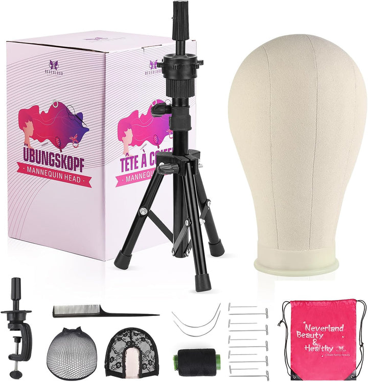 23 Inch Wig Head Stand Tripod, with Canvas Mannequin Heads for Wigs, Manikin Canvas Head Block Set for Making Display with T Pins Set Bristle Brush
