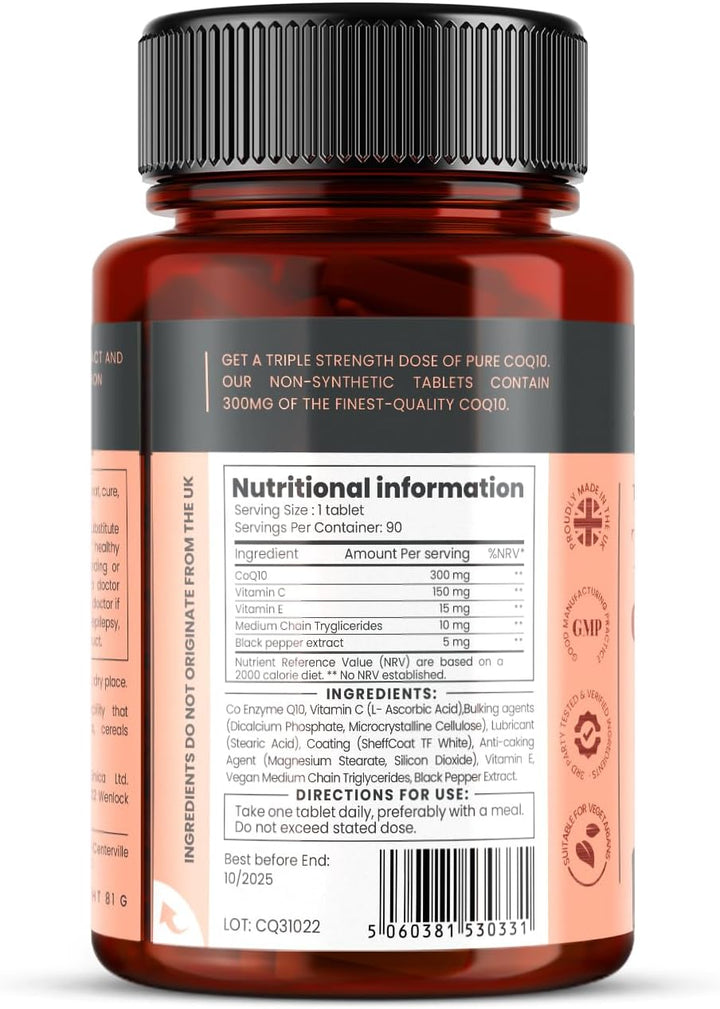 Fermented Coq10 300Mg X 90 Tablets. Non GMO, USP Grade. with Added Vitamin C and Black Pepper Extract for Absorption.