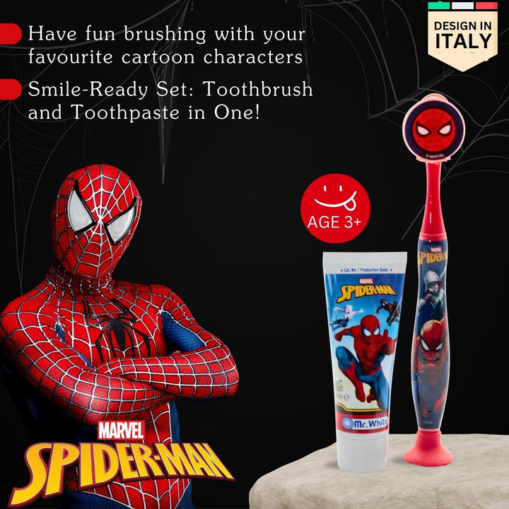 Marvel Spiderman Kids Toothbrush Travel Set – Includes Mint-Flavoured Toothpaste & Soft-Bristle Toothbrush with Suction Cup & Protective Cap | Travel-Friendly Oral Care Kit for Children Ages 3+