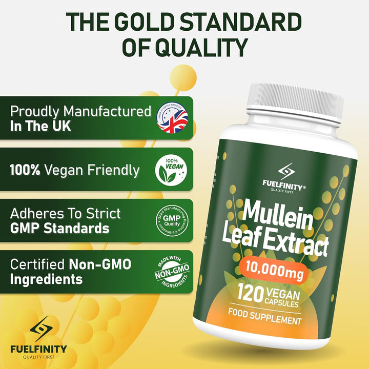 Mullein Leaf Extract for Lungs - 10,000 Mg – Lung Cleanse & Lung Detox for Smokers – 120 Capsules - High Strength Respiratory Support - ® - Vegan