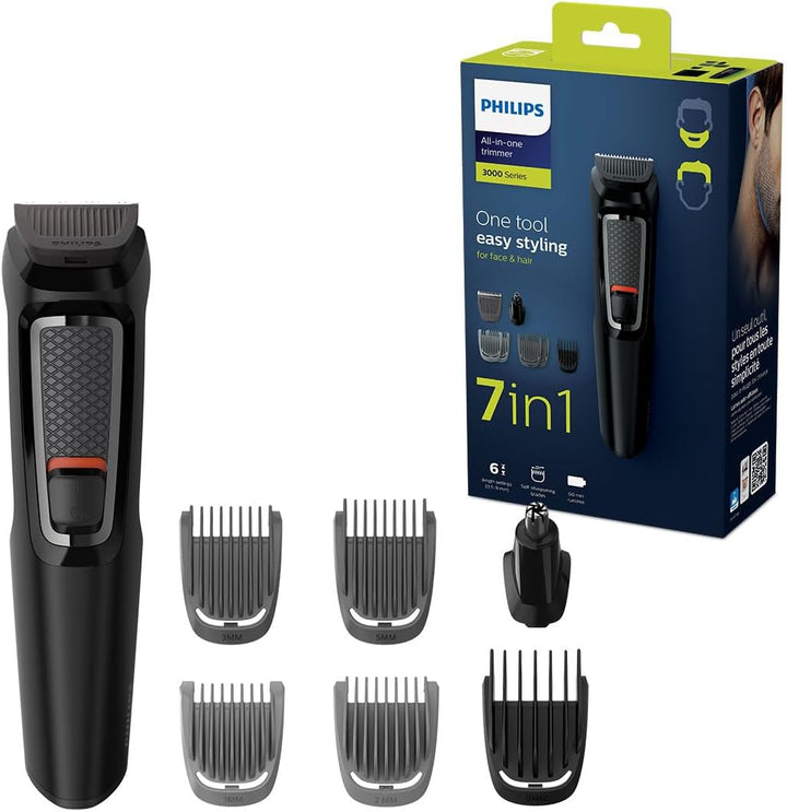 7-In-1 All-In-One Trimmer, Series 3000 Grooming Kit for Beard & Hair with 7 Attachments, Including Nose Trimmer, Self-Sharpening Blades, UK 3-Pin Plug-Mg3720/33