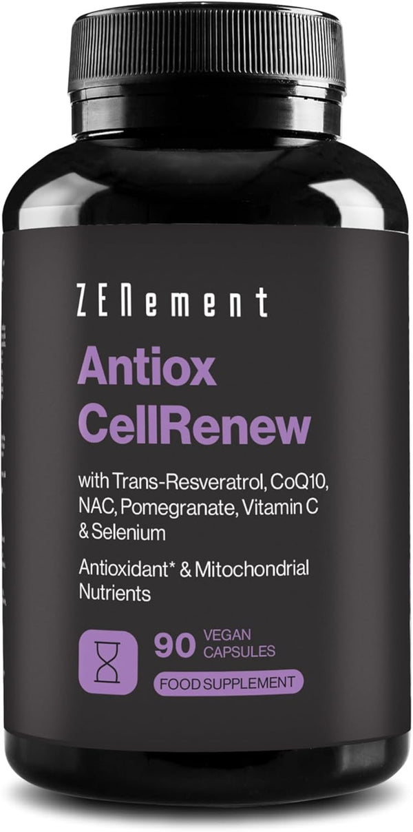 Antiox Cellrenew with Trans-Resveratrol, Coq10, NAC, Pomegranate, Vitamin C & Selenium - Antioxidant & Cellular Energy Support, 90 Vegan Capsules -