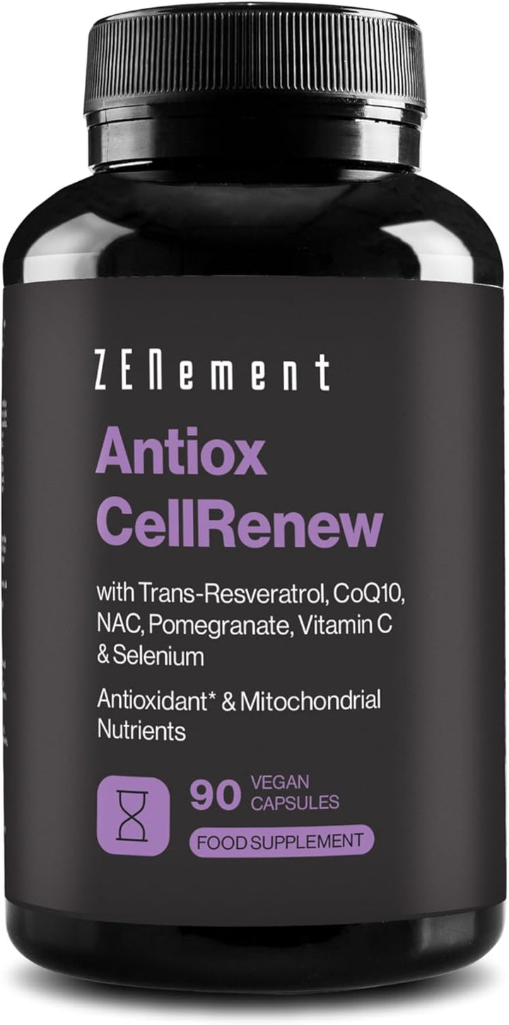 Antiox Cellrenew with Trans-Resveratrol, Coq10, NAC, Pomegranate, Vitamin C & Selenium - Antioxidant & Cellular Energy Support, 90 Vegan Capsules -