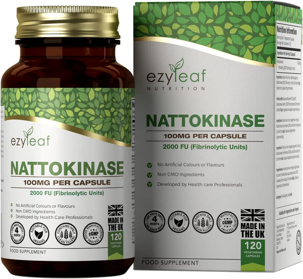 Ezyleaf Nattokinase 100Mg 2000 FU | 120 Vegan Capsules | Protein Enzyme from Japanese Natto | No Artificial Ingredients | ISO Certified, Vegan, Dairy & Gluten Free, Non-Gmo | Manufactured in the UK