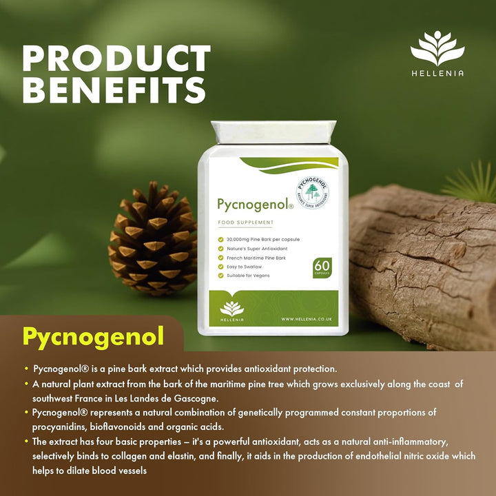 Pycnogenol® French Maritime Pine Bark Extract - 60 Capsules | Providing Naturally Powerful Bioflavonoids | High Bioavailability Pycnogenol | Suitable for Vegans - Made in the UK by