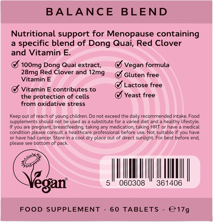 Balance Blend Menopause & Perimenopause Supplement for Symptom Relief | Specific Blend of Dong Quai, Red Clover & Vitamin E to Ease Hot Flushes, Night Sweats & More | 60 Mtick Certified Tablets