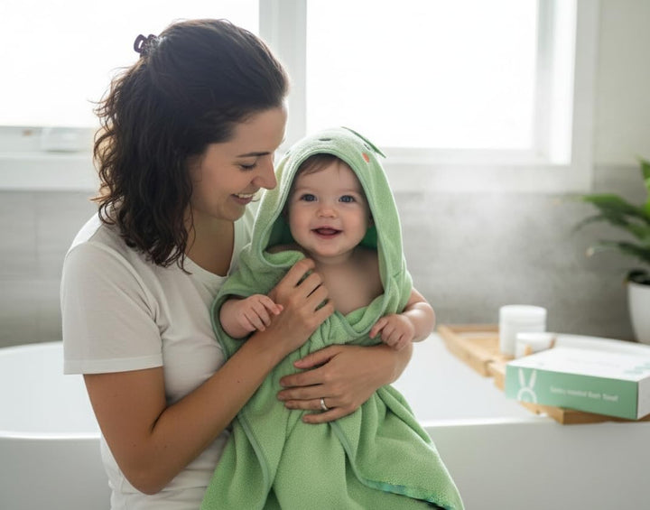 100% Organic Cotton Luxury Baby Hooded Bath Towel, Boy & Girl Gender Neutral Green Apple Fruit Design, Soft & Absorbent Infant Essential, New Parent Gift for Newborn to Toddler 75X75Cm