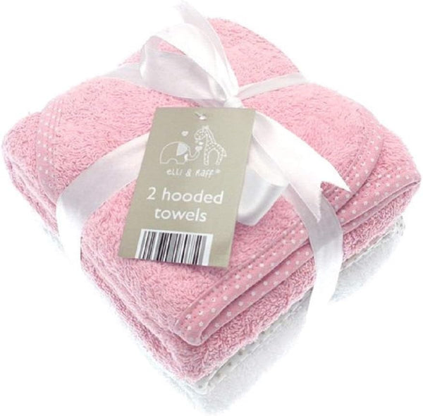 2 Soft White Elli and Raff Baby Hooded Bath Time Towel 100% Cotton Baby Gift (Pink)