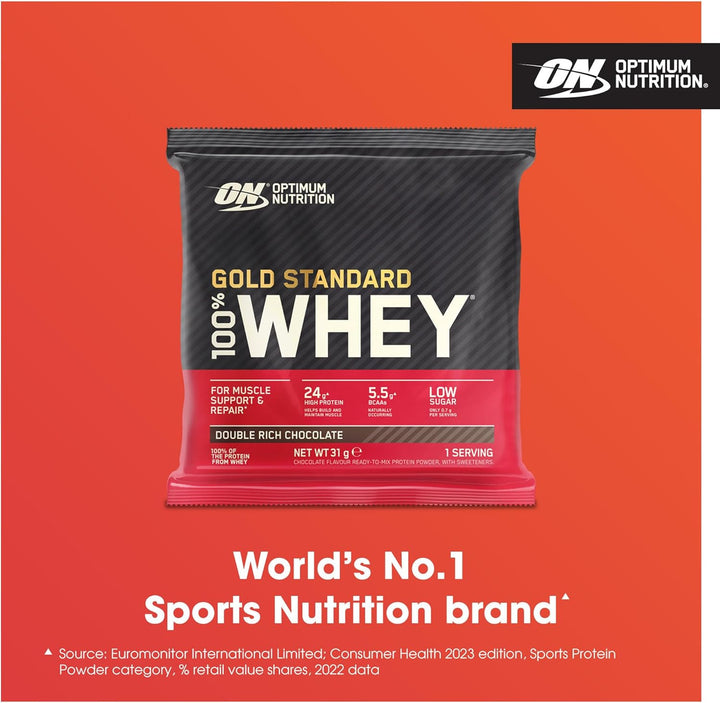 Gold Standard 100% Whey Muscle Building and Recovery Protein Powder with Naturally Occurring Glutamine and BCAA Amino Acids, Double Rich Chocolate Flavour, Pack of 24, 24 X 31G