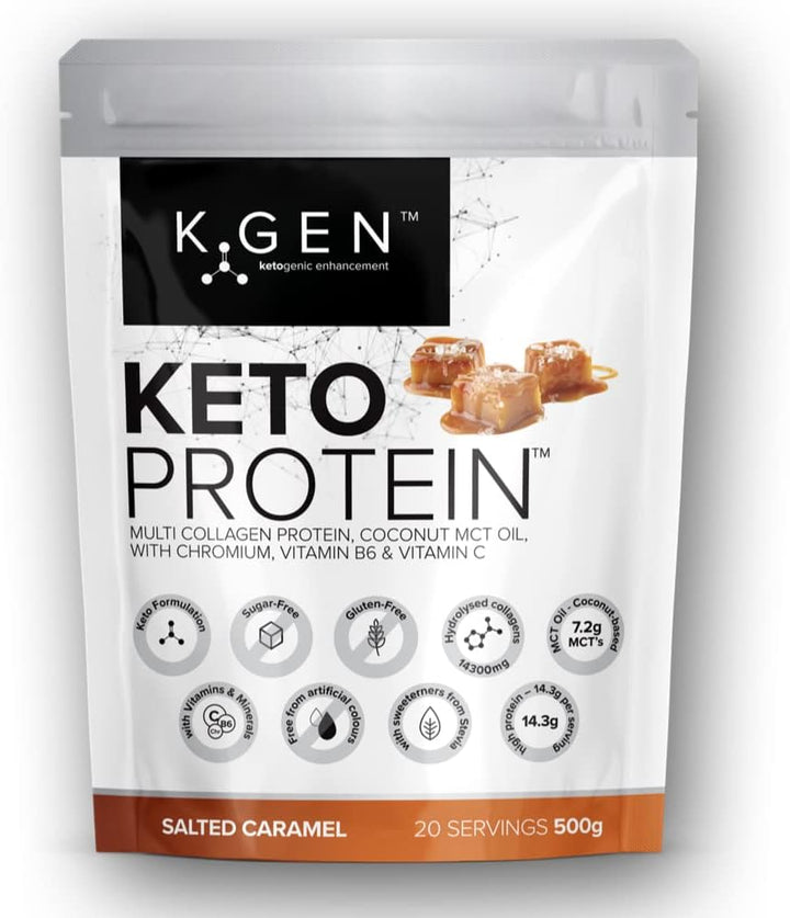 K-GEN™ Keto Collagen Protein Powder Advanced Salted Caramel Powder with Multi Collagen Blend, Coconut MCT, Vitamin C + B6 Stevia | UK Made for Keto, Paleo & Primal | Free-From: Sugar & Gluten