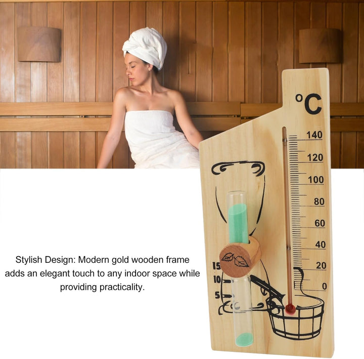 Sauna Thermometer Hourglass, Golden Elegant Design Sauna Temperature Gauge Sand Timer 0-140 Degree Celsius Wood for Hotel